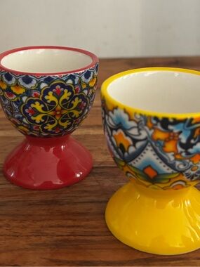 Mediterranean Ceramic Egg Cups - Red & Yellow Mosaic Set